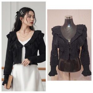 Free People Black Cropped Cardigan S NWT Open Knit Ruffle Balletcore Fairy